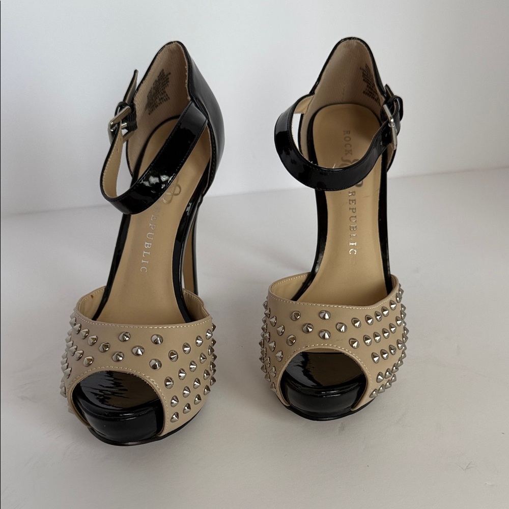 Rock & Republic Two-Tone Studded Peep-Toe Ankle Strap Heels - Black & Cream